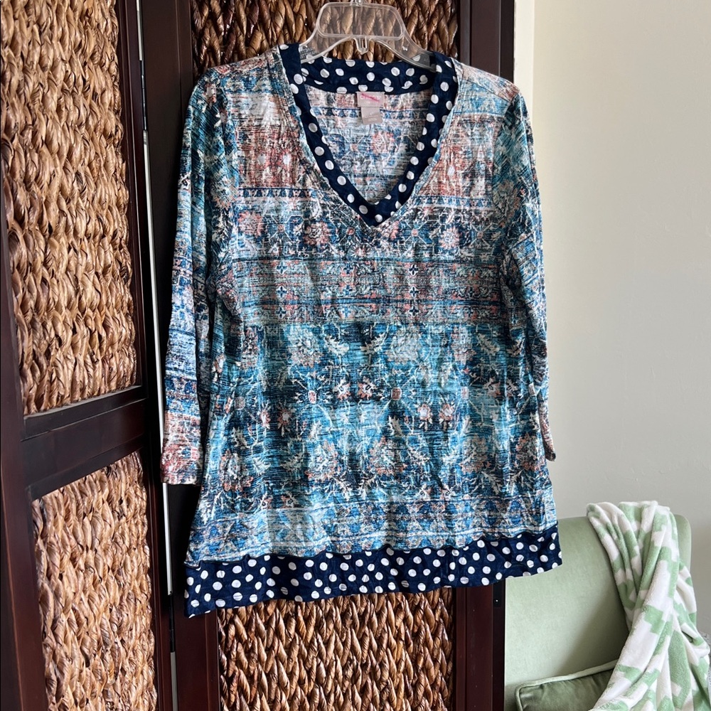 Chico's Blue Multicolor V-Neck Long Sleeve Top